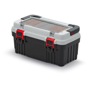 Kufrík na náradie s kovovou rukoväťou, plastovými zámkami a vonkajšou priehradkou s boxmi TIMO sivá