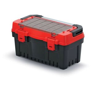 Kufrík na náradie s kovovou rukoväťou, plastovými zámkami a vonkajšou priehradkou s boxmi EVO čierno-červený