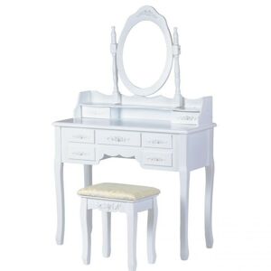 Toaletní kosmetický stolek se zrcadlem a taburetem Nicolas bílý