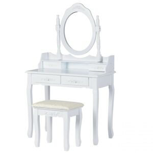 Toaletní kosmetický stolek se zrcadlem a taburetem Ronny bílý