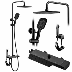 Sprchový set s termostatom Rea Rob čierny - vaňová batéria, dažďová, ručná a bidetová sprcha