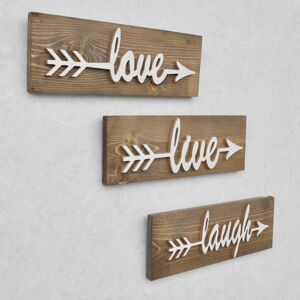 Nástěnná dřevěná dekorace LOVE LIVE LAUGH hnědá/bílá