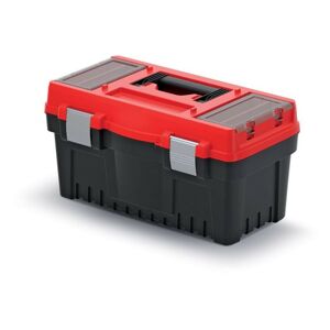 Kufrík na náradie s plastovou rukoväťou, kovovými zámkami a vonkajšími priehradkami EVO čierno-červený