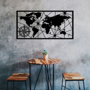 Nástěnná kovová dekorace Mapa světa kompas 100x50 cm černá