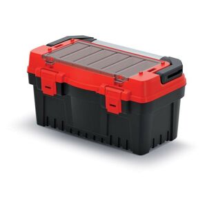 Kufrík na náradie s kovovou rukoväťou, plastovými zámkami a vonkajšou priehradkou EVO čierno-červený