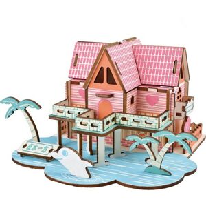Dřevěné 3D puzzle Letní dům růžovo-modré