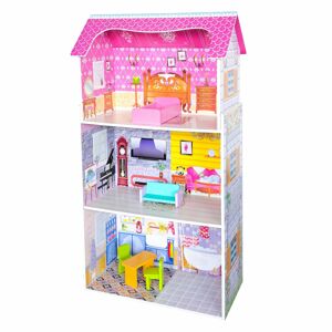 Drevený domček pre bábiky EcoToys Rosa ružový + nábytok