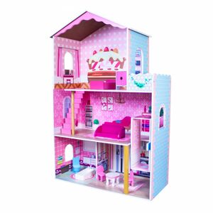 Dřevěný domeček pro panenky EcoToys Biba růžový + nábytek